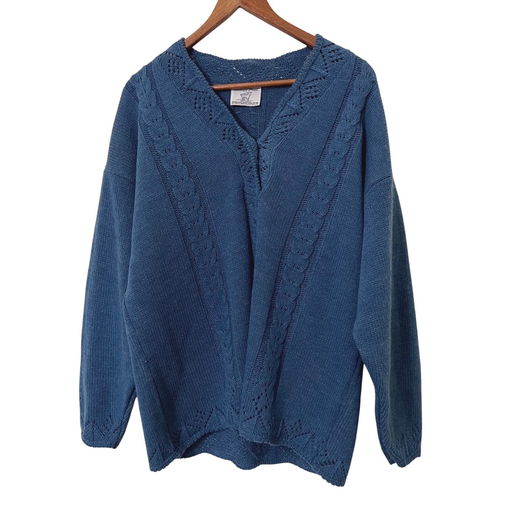 College Point 70s Made in USA‎ Blue Acrylic Cable Knit V Neck Sweater Size XL
